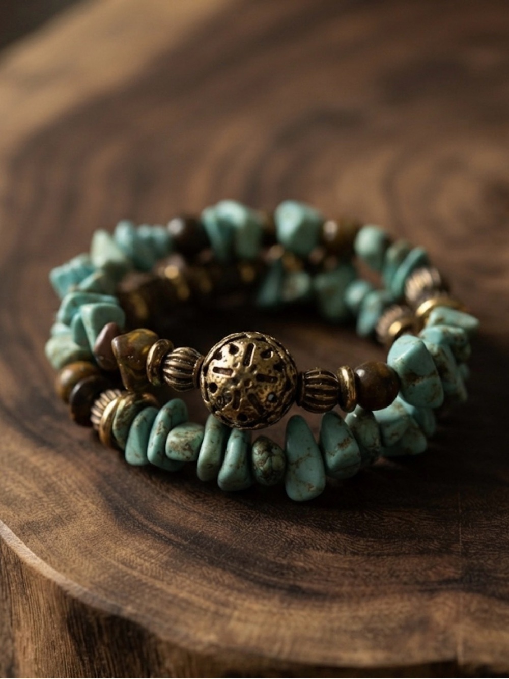 Turquoise Bead Wrap Bracelet with Antiqued Gold Accents